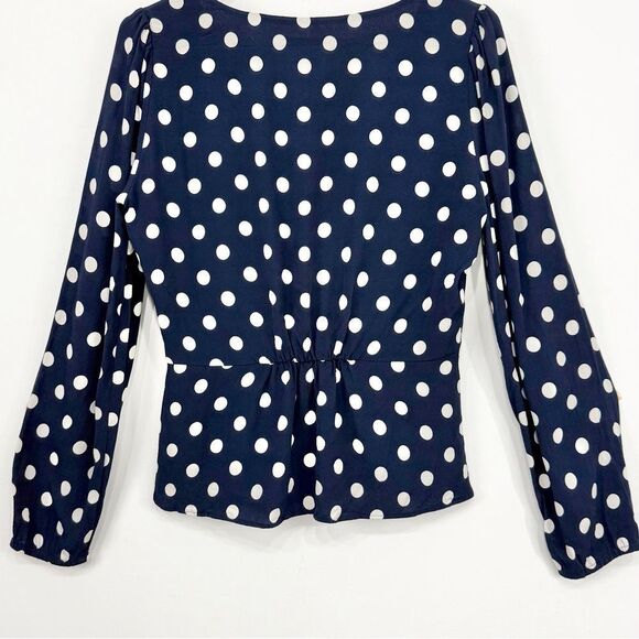 J. Crew Navy Blue White Polka Dot Crepe V Neck Button Front Peplum Blouse - Picture 12 of 16